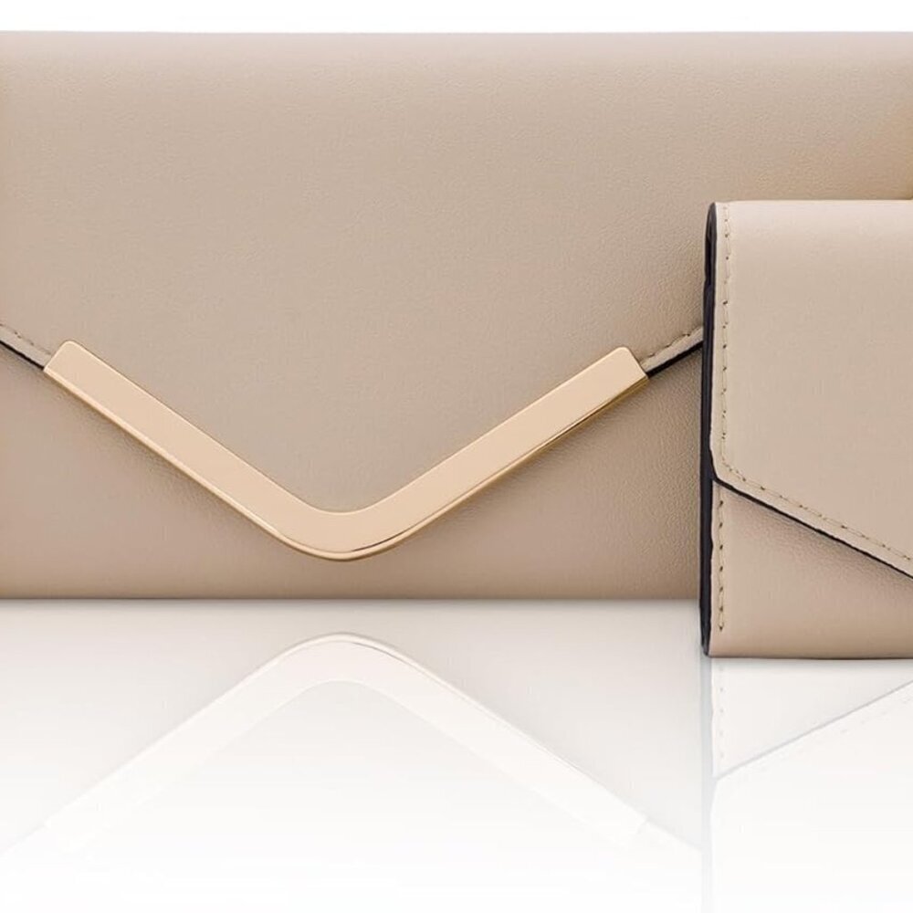 Leather 2-Piece Envelope Clutch & Wallet Set Chain Strap Evening Party Bag